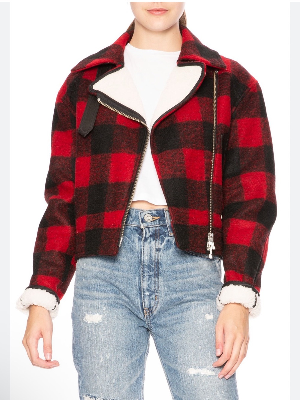 Veronica Beard Benni Faux Shearling Moto Jacket Buffalo Red Plaid